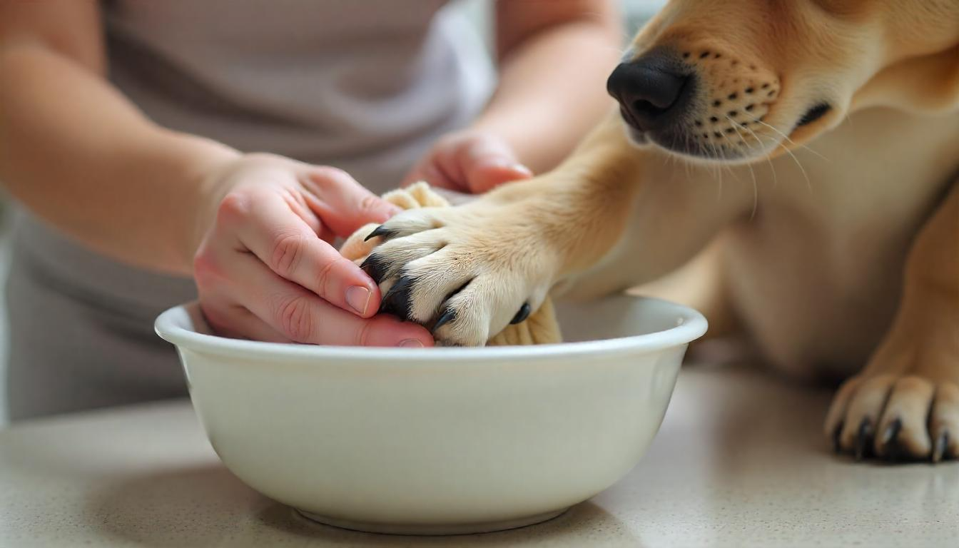 A close-up shot of a dog's paw being gently cleaned by its owner