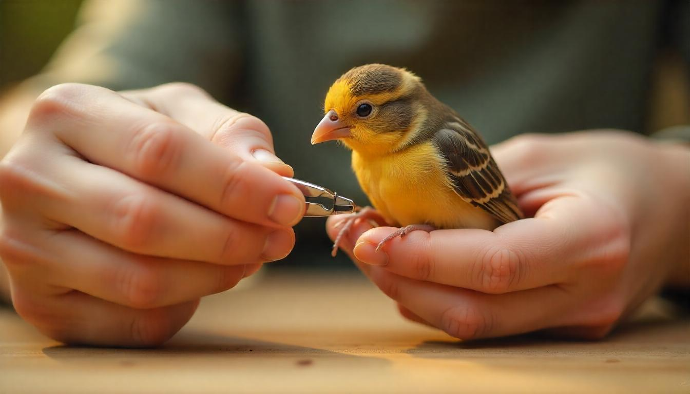 A close-up shot of a person gently holding a small bird's foot while trimming its nails