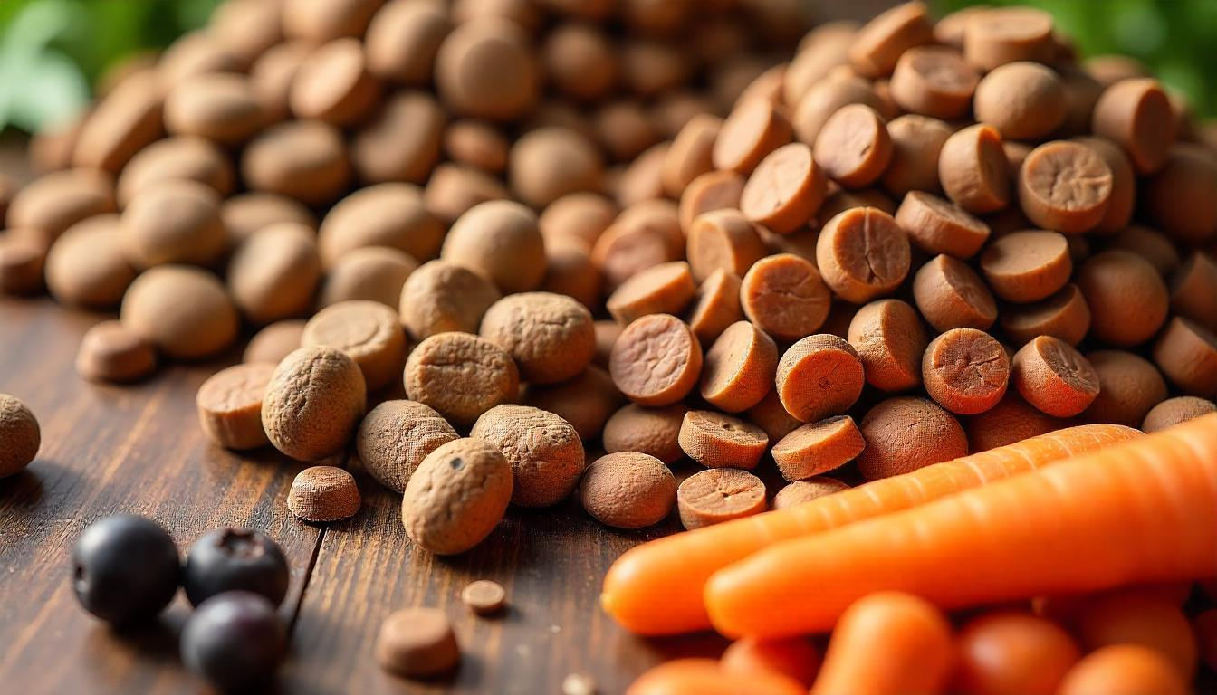 Dry and wet dog food arranged on a wooden table