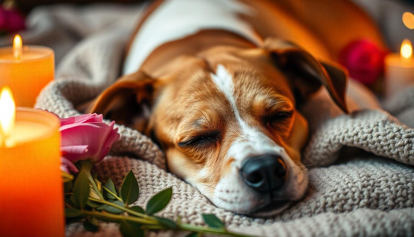 A close-up, soft-focused photo of a dog lying peacefully on a soft blanket, surrounded by flowers or candles