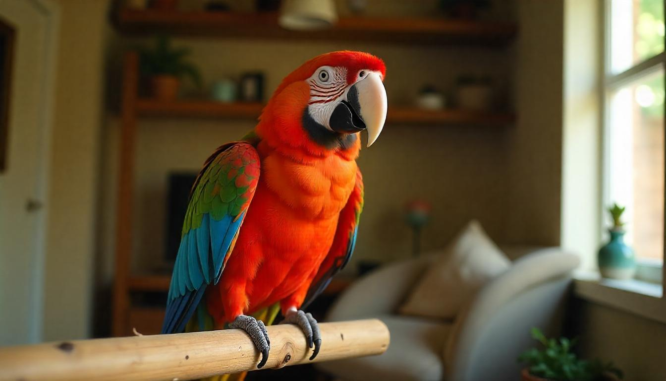 A colorful parrot perched on a wooden branch inside a cozy home environment