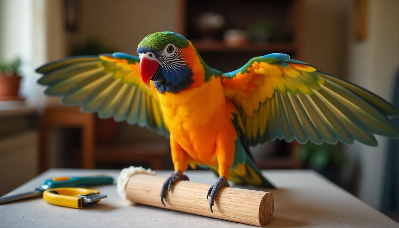 A colorful parrot perched on a wooden stand with neatly clipped wings