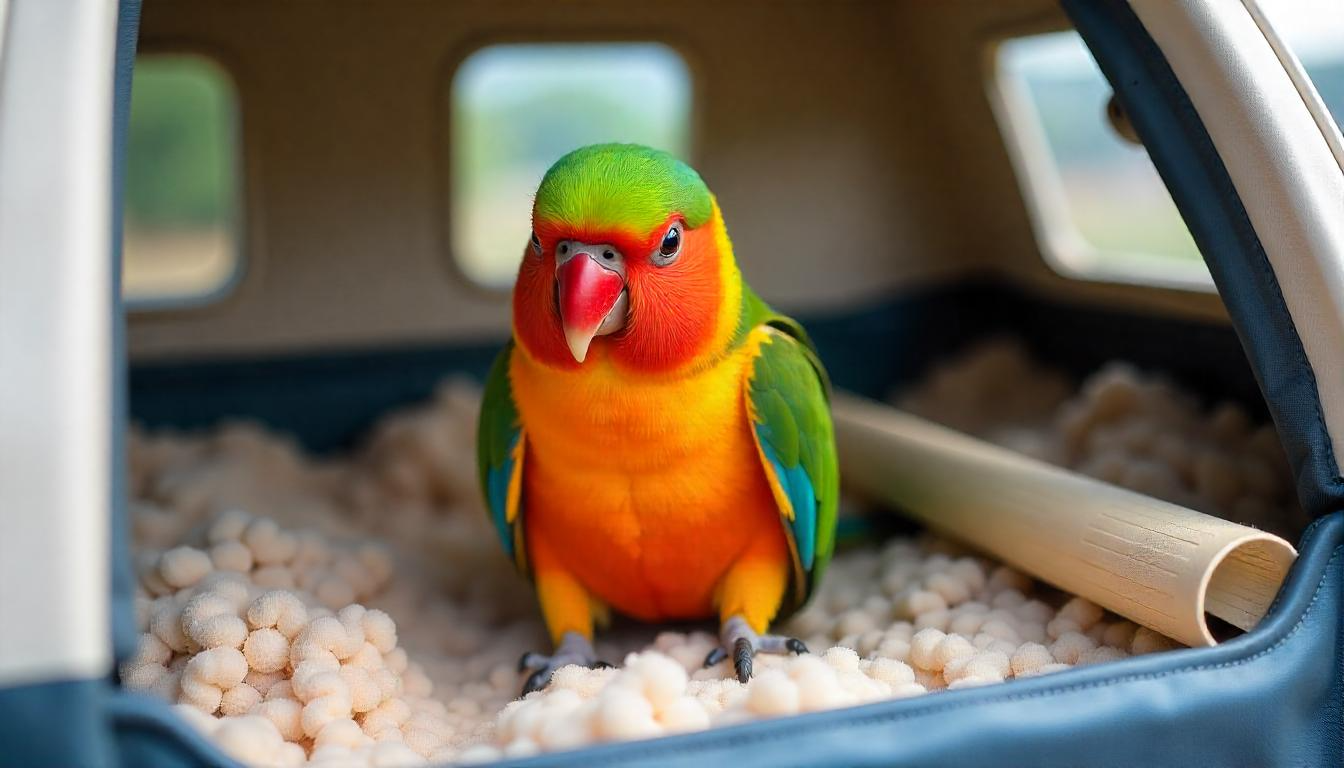 A colorful parrot sitting comfortably in a well-ventilated travel carrier