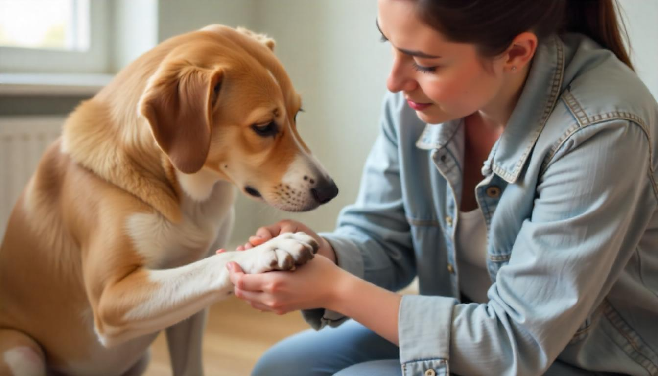 A concerned pet owner examining their dog's paw