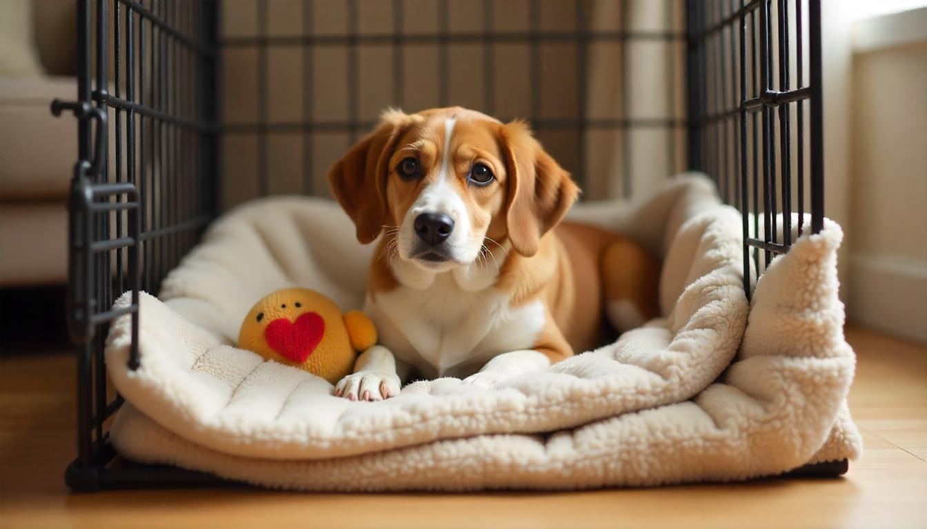 A cozy indoor scene featuring a cute dog lying inside a comfortable crate