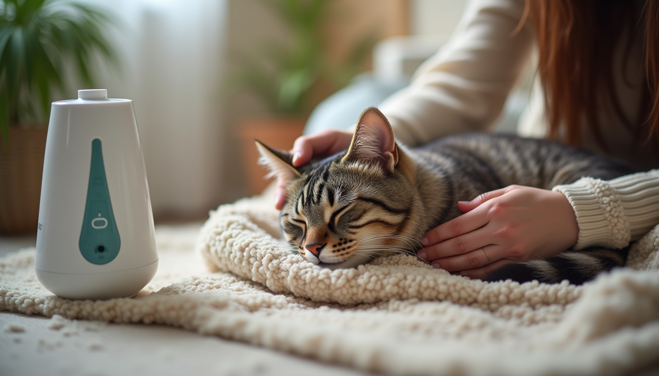 A cozy indoor scene of a sick cat resting on a soft blanket, with a humidifier nearby