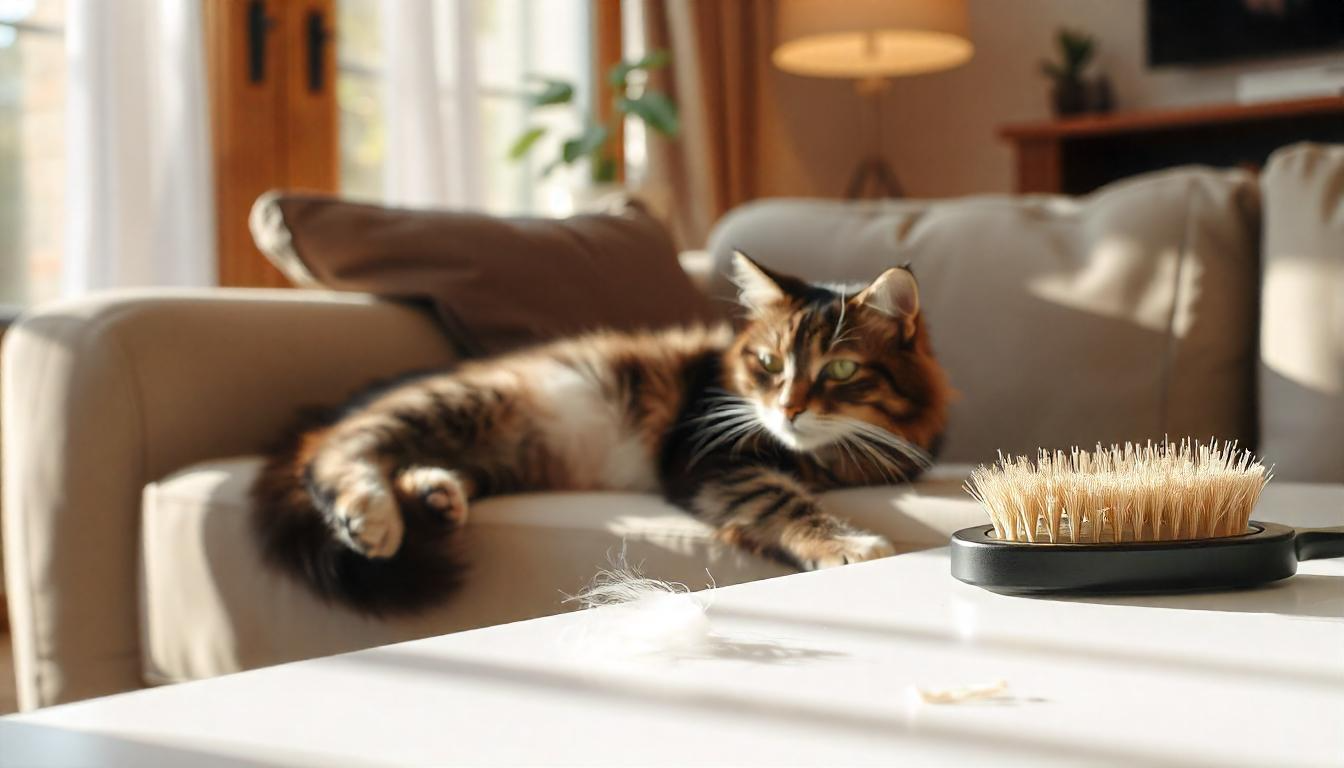 A cozy living room with a cat lounging on a sofa, surrounded by soft sunlight