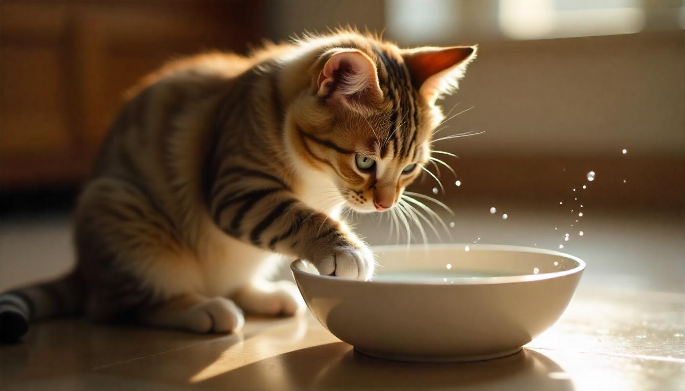 A curious cat cautiously dipping its paw into a shallow bowl of water