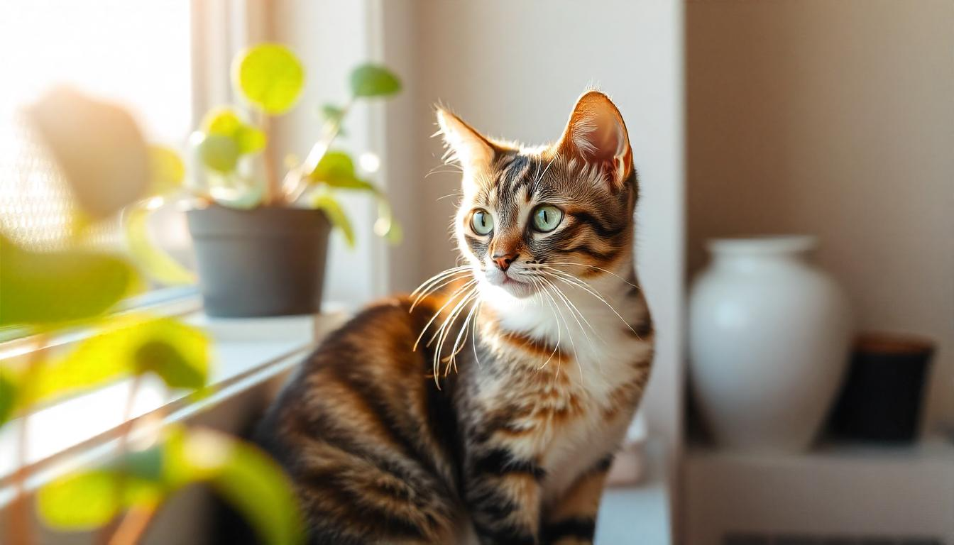 A curious cat sitting near a window, surrounded by soft sunlight streaming in