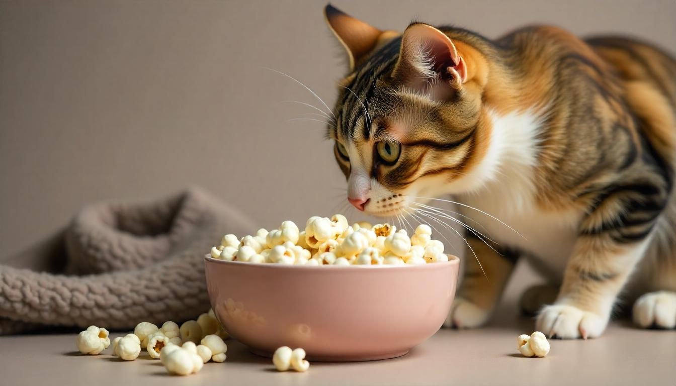 A curious cat sitting next to a bowl of plain, air-popped popcorn kernels