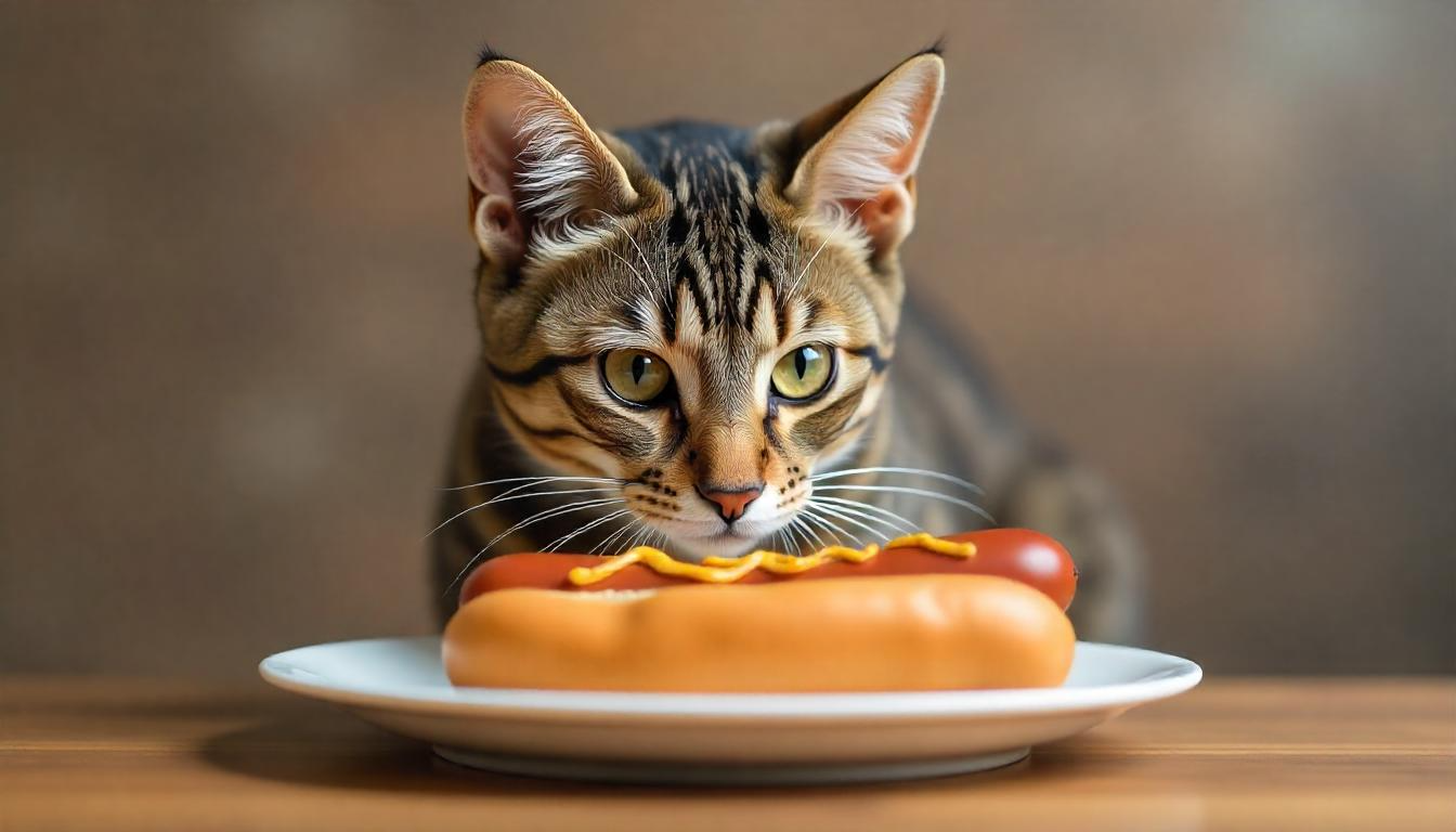 A curious cat sniffing a hot dog on a plate