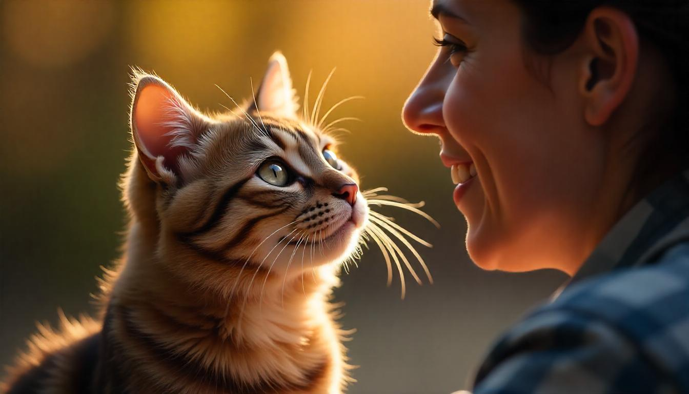 A curious cat staring affectionately at its owner, capturing the emotional connection between them in soft