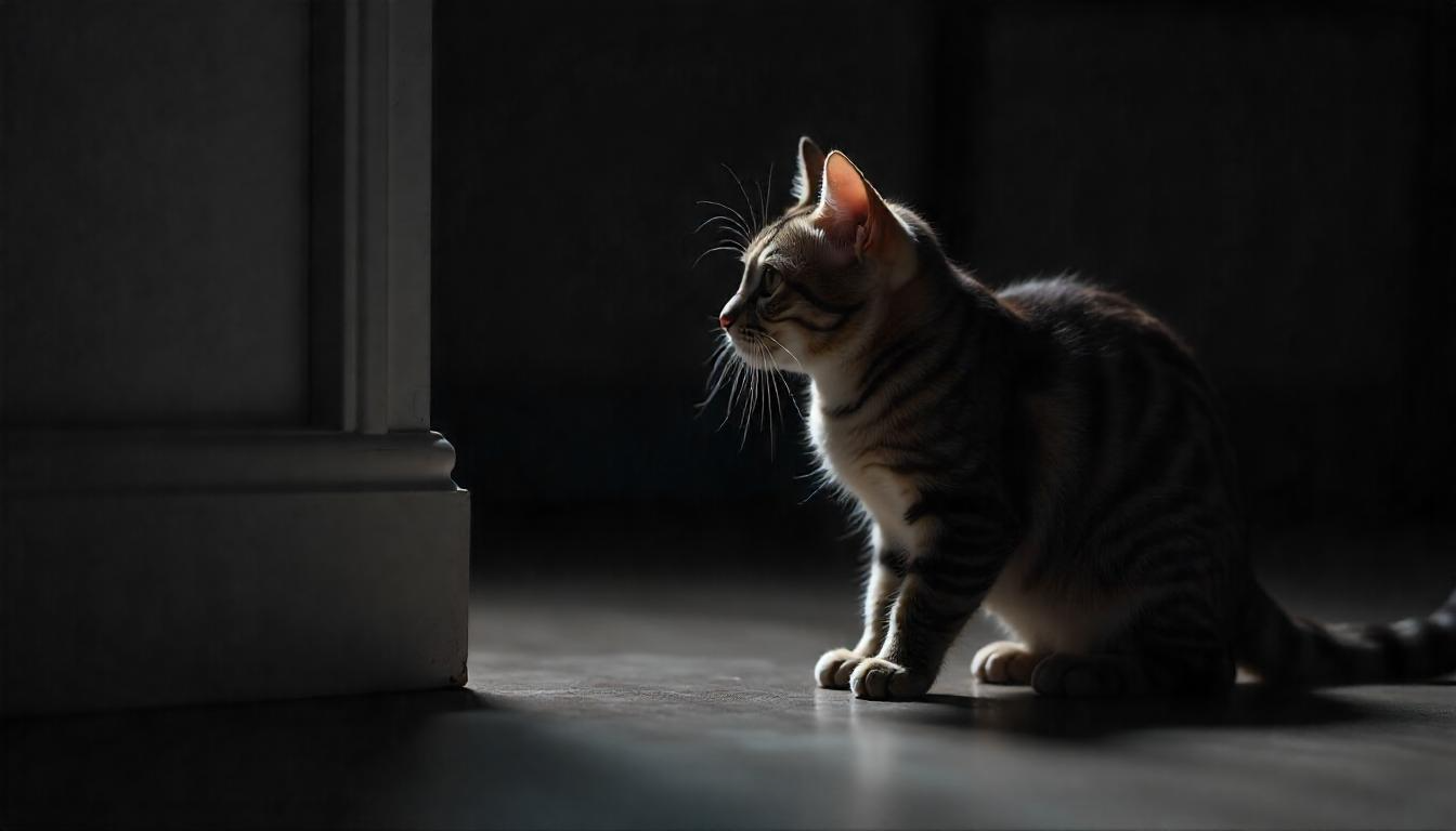 A curious cat staring intently at a dark, empty corner of a dimly lit room