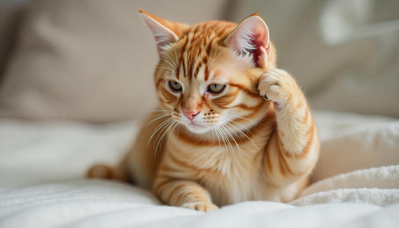 A cute cat scratching its ear intensely while sitting on a soft blanket