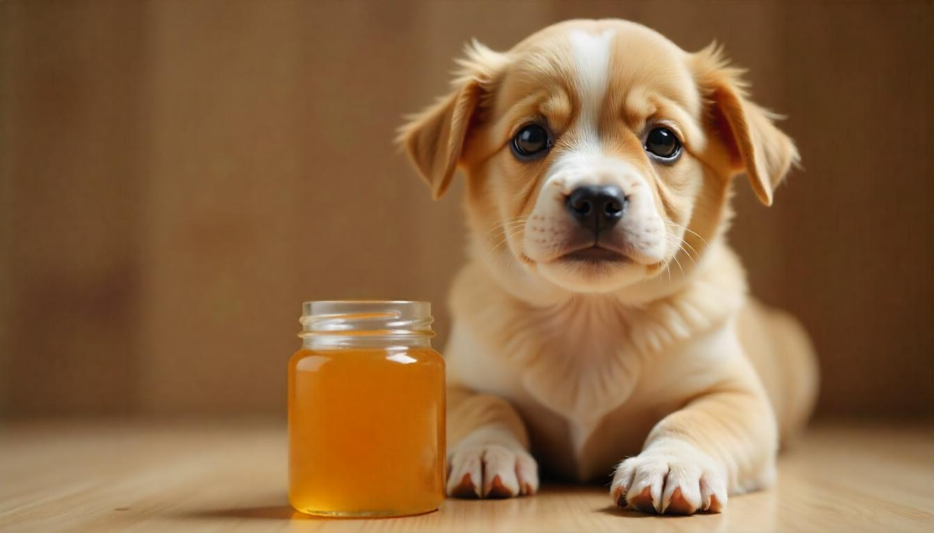 A cute dog sitting next to a jar of honey with a curious expression