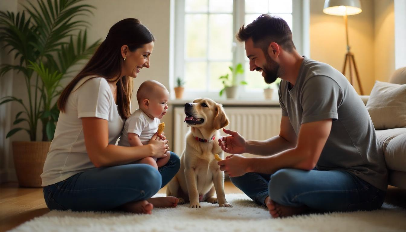 A family moment showing a mother holding a baby while a dog sits patiently nearby