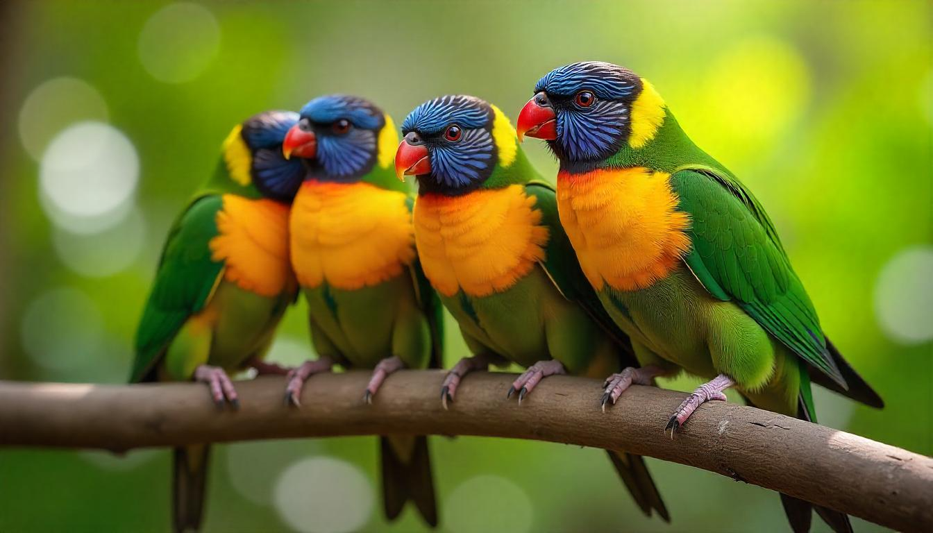 A group of colorful Gouldian Finches perched on a branch