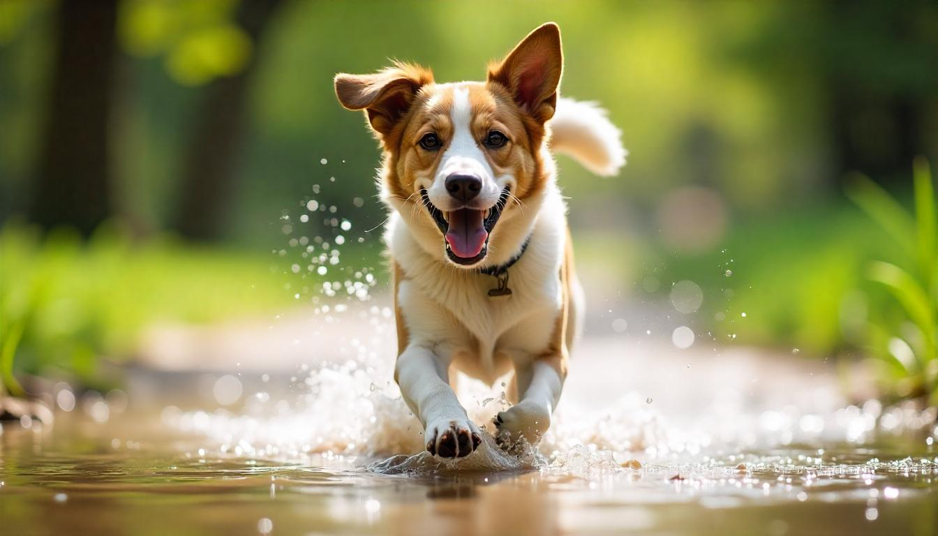 A happy, active dog playing in a cool, shaded area with water nearby