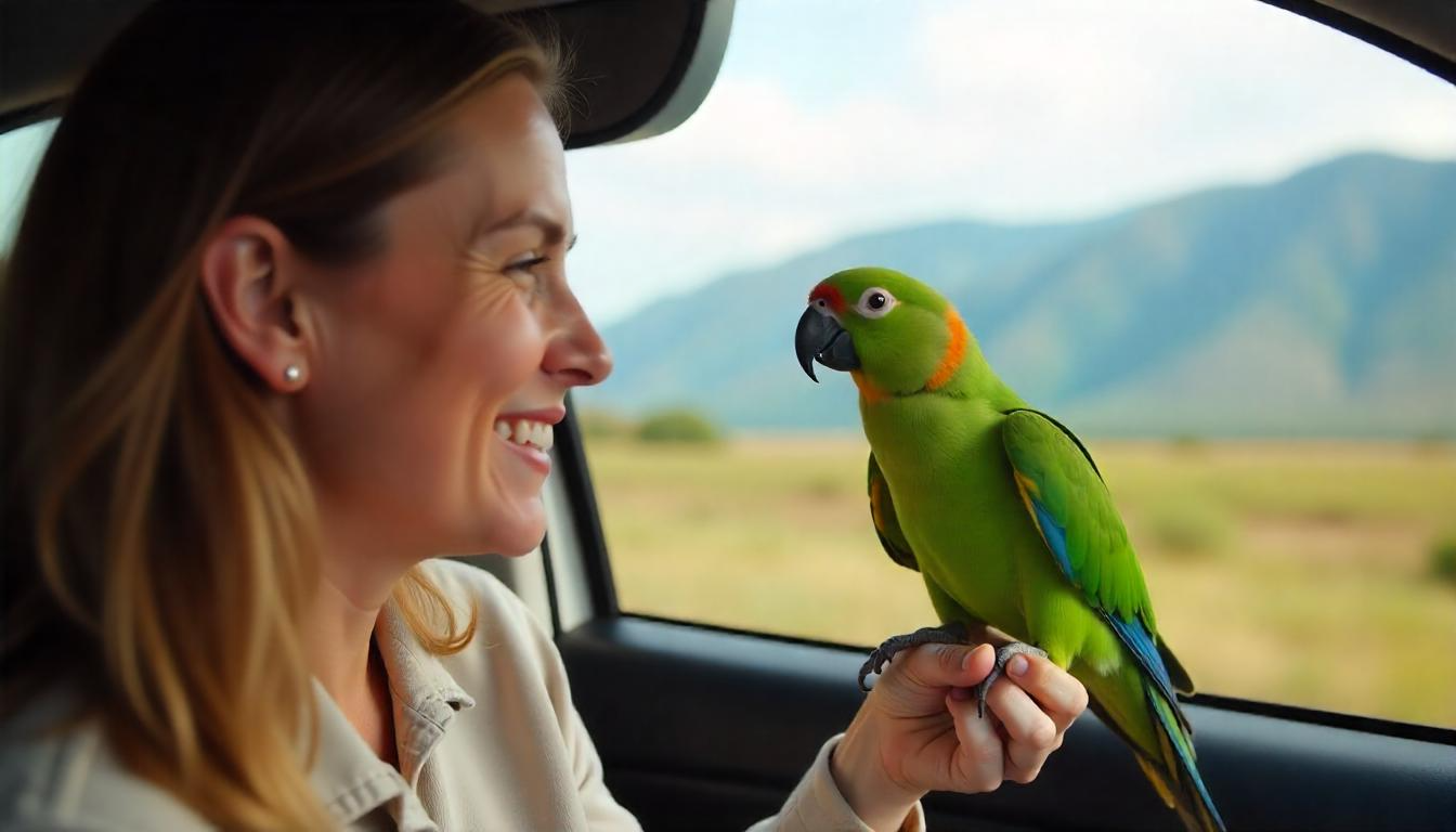 A happy bird owner gently holding their calm and curious parrot near a car window