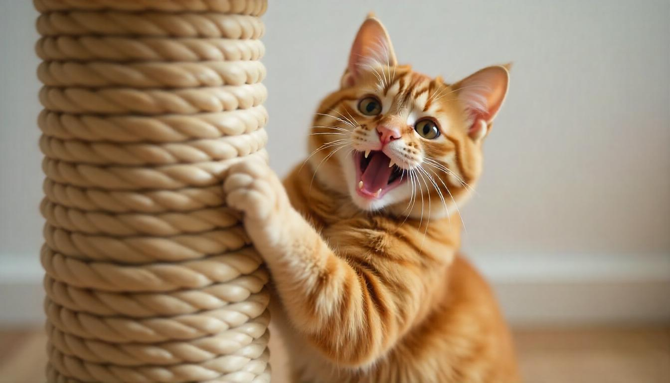 A happy cat playfully scratching a sturdy scratching post made of sisal rope