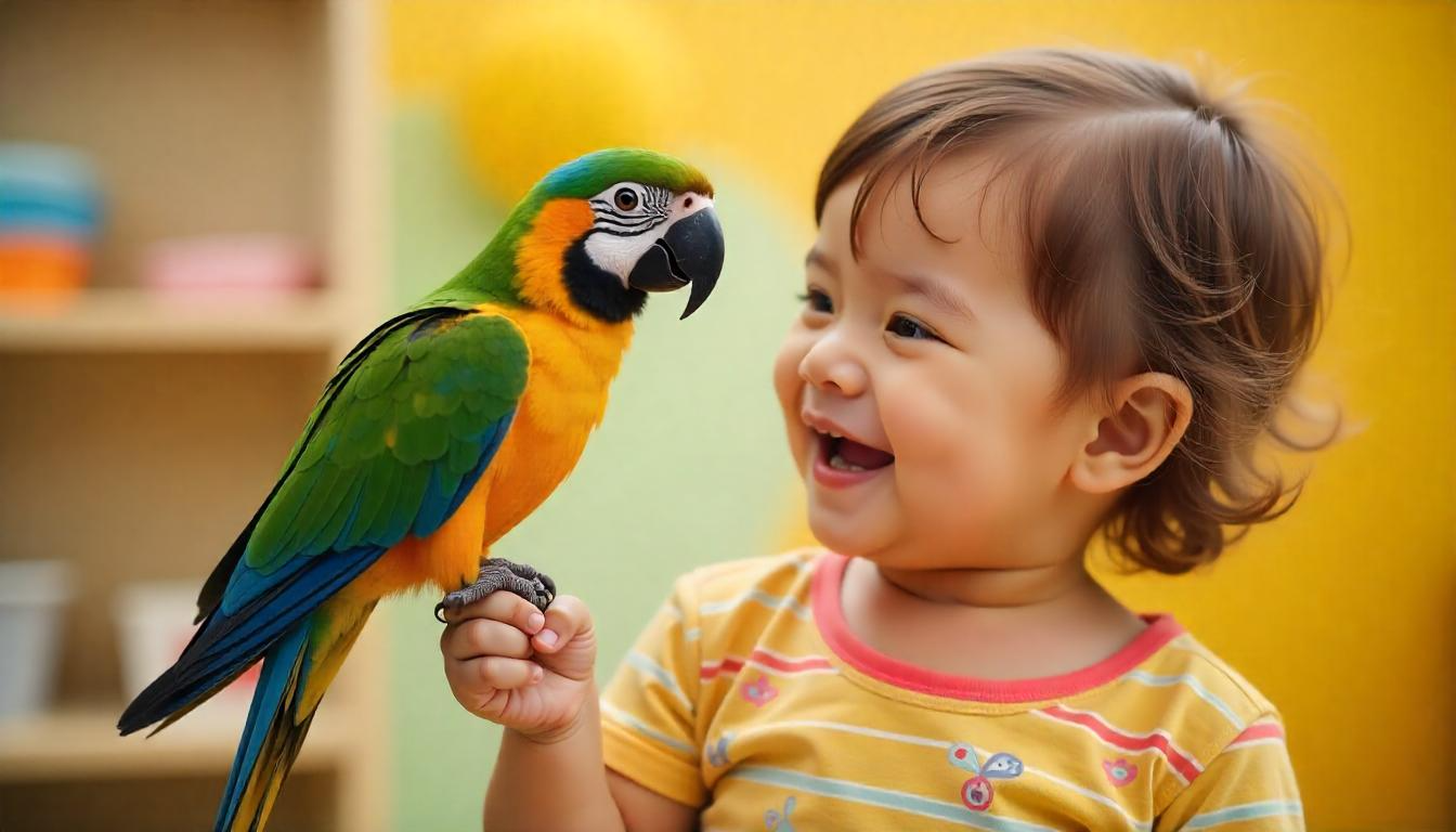 A happy child gently holding a colorful pet parrot
