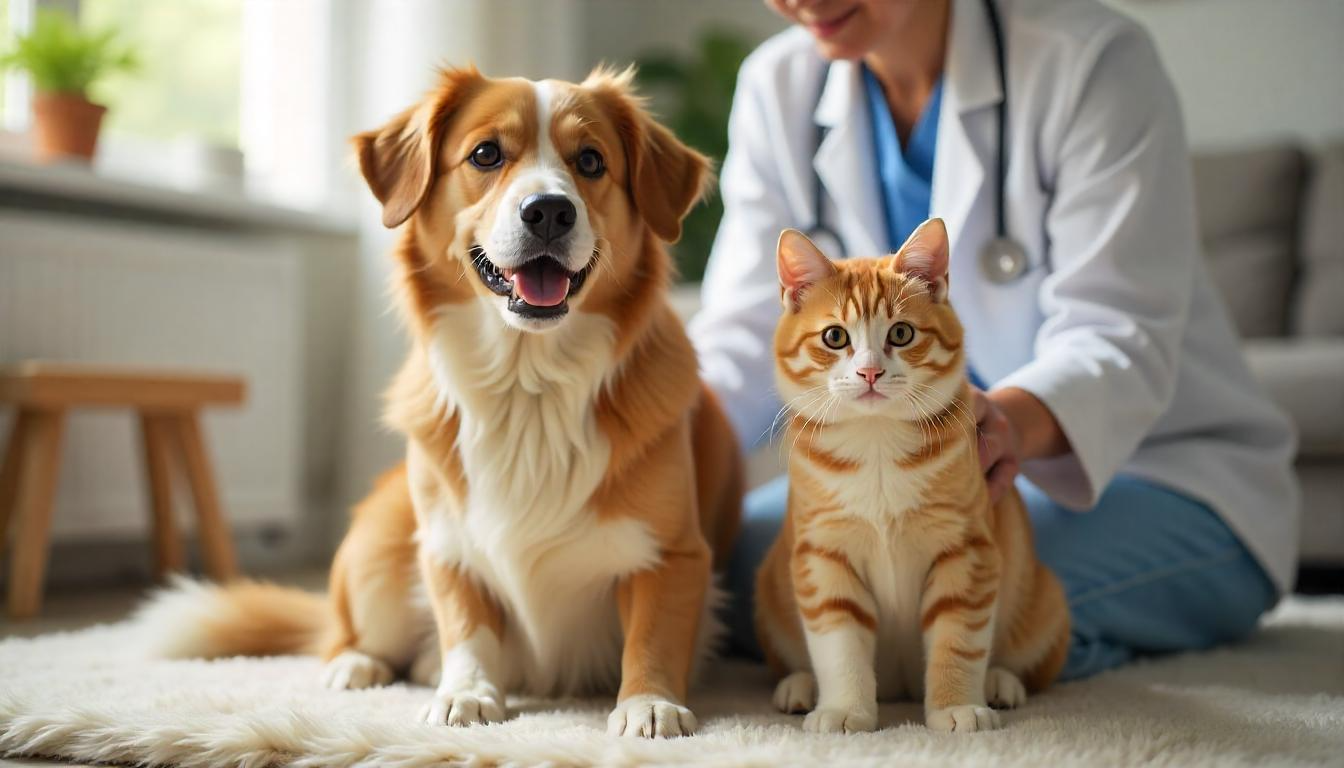 A happy dog and cat sitting together in a cozy home environment, with a veterinarian examining them