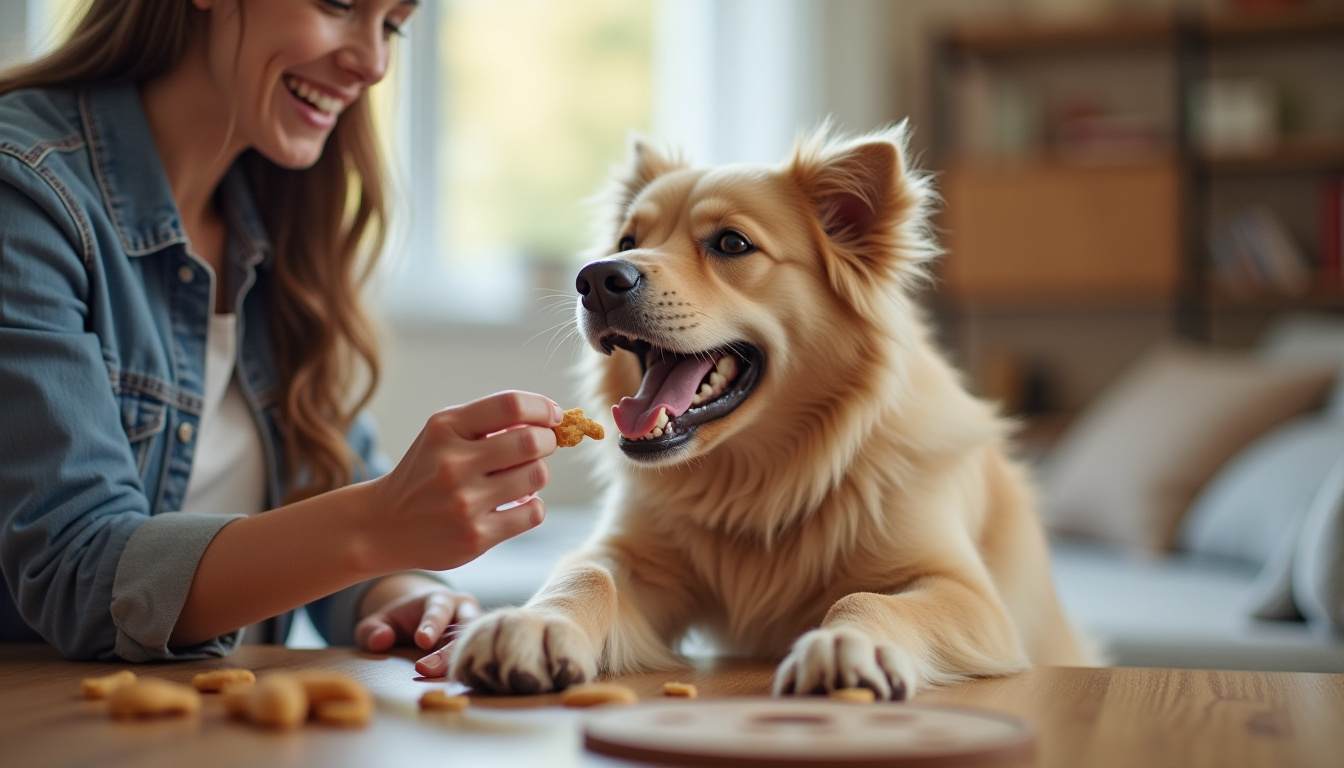 A happy dog engaging in positive reinforcement training with its owner