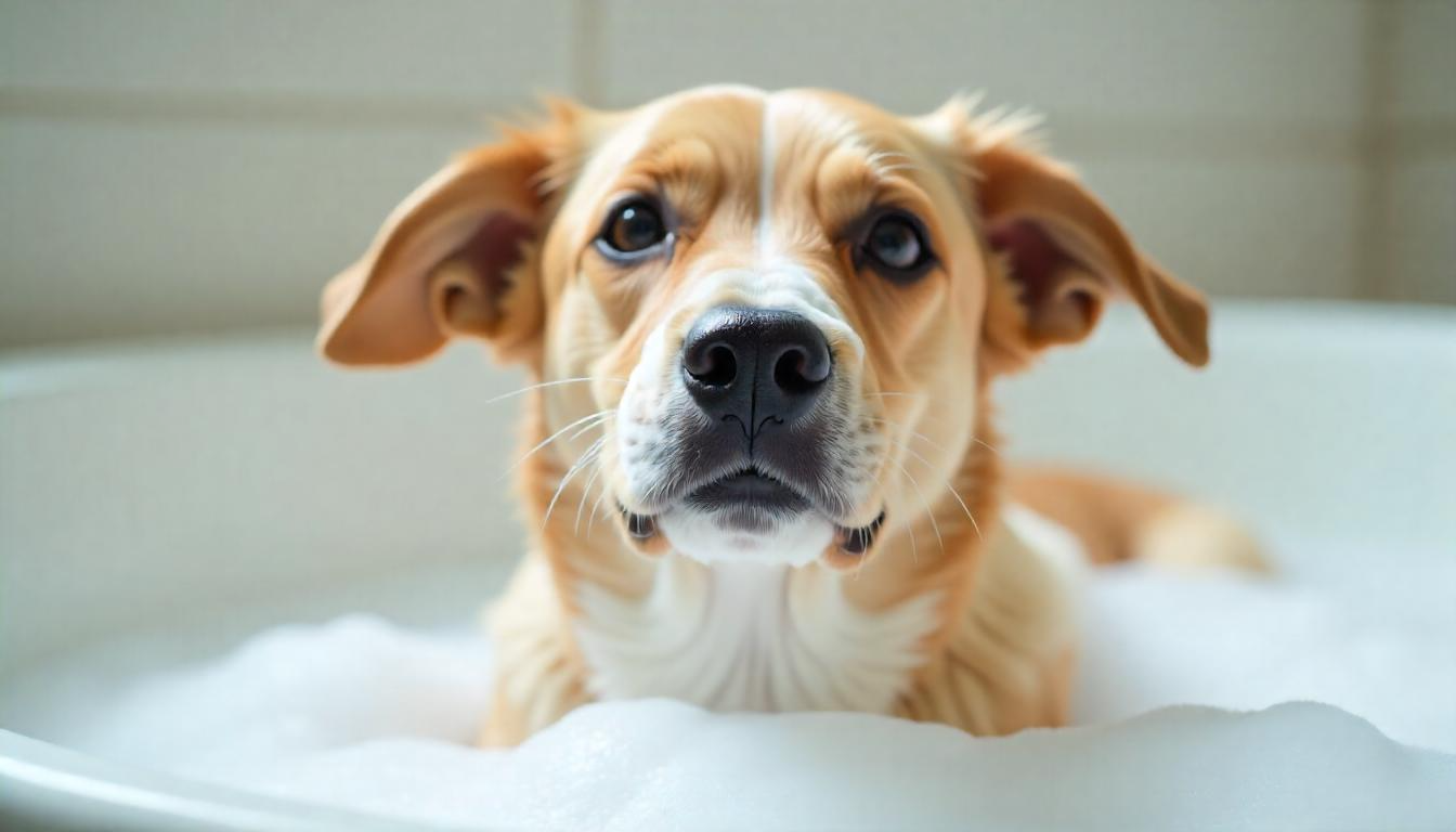 A happy dog enjoying a bath in a tub filled with soapy water