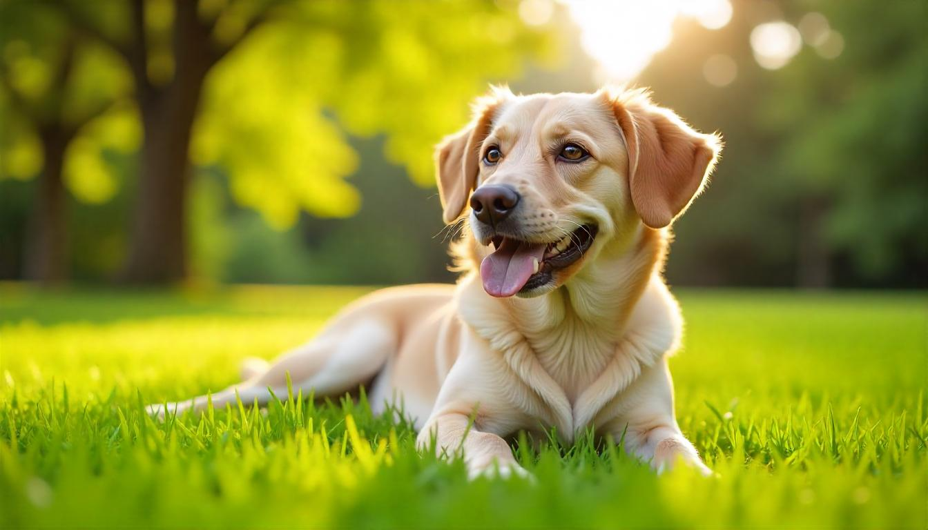 A happy dog lying on a sunny grassy lawn