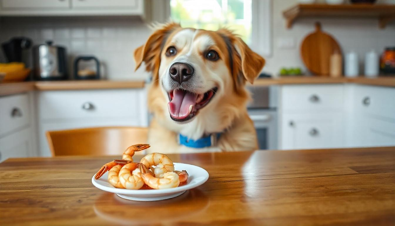 A happy dog sitting at a kitchen table with a small plate of plain, cooked shrimp in front of it