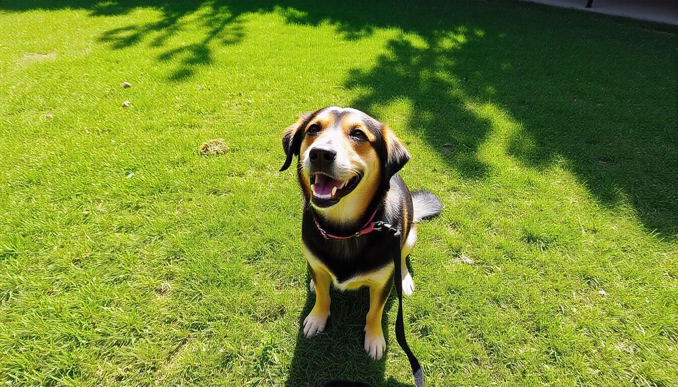 A happy dog sitting in a grassy backyard, looking up at the camera with a leash nearby