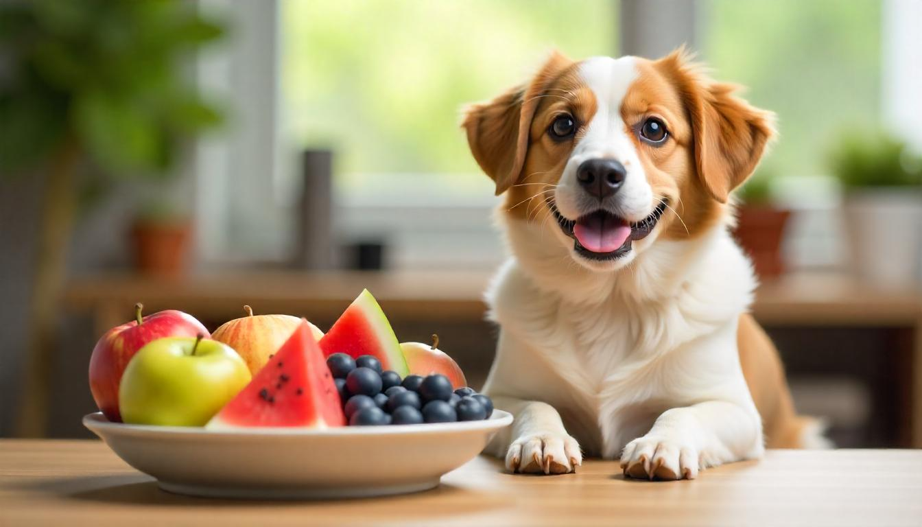 A happy dog sitting next to a bowl of fresh, colorful fruits like apples, blueberries, and watermelon