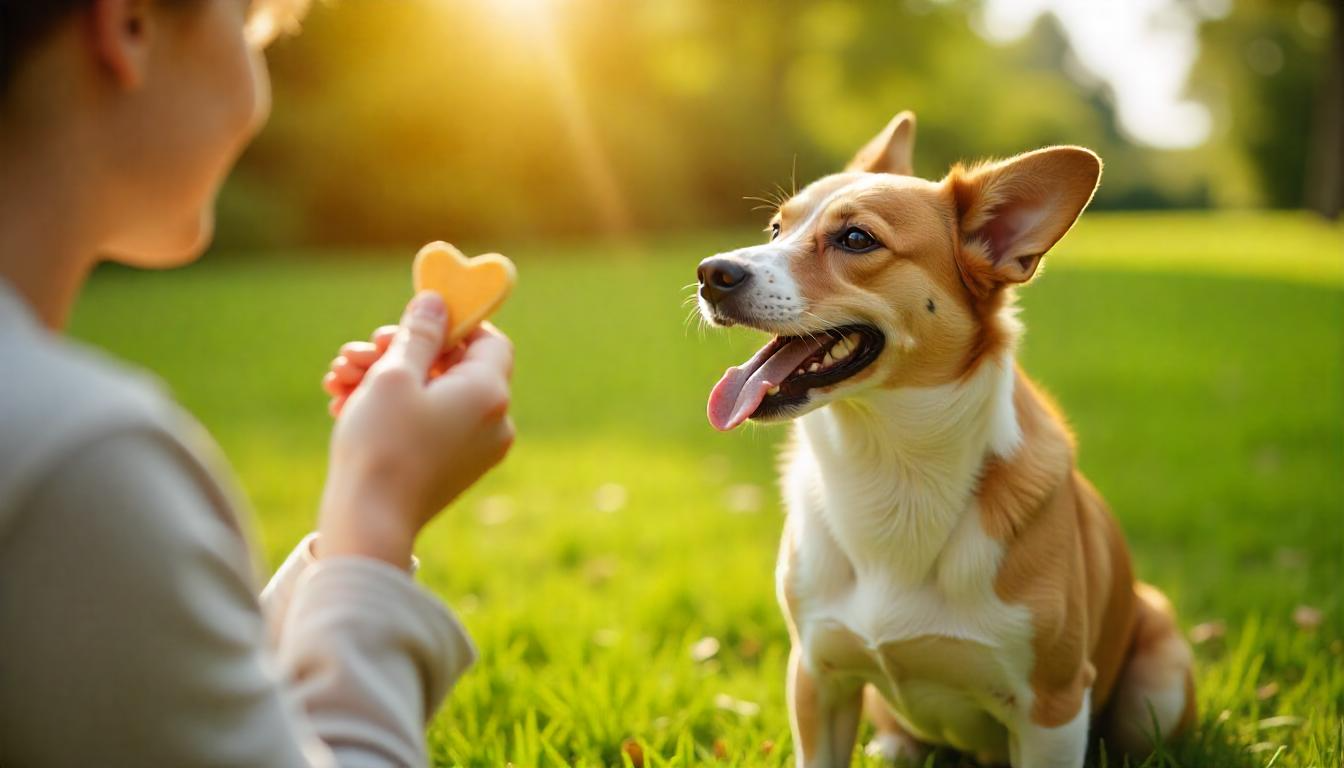 A happy dog sitting on a grassy field, looking up at its owner with a treat in hand