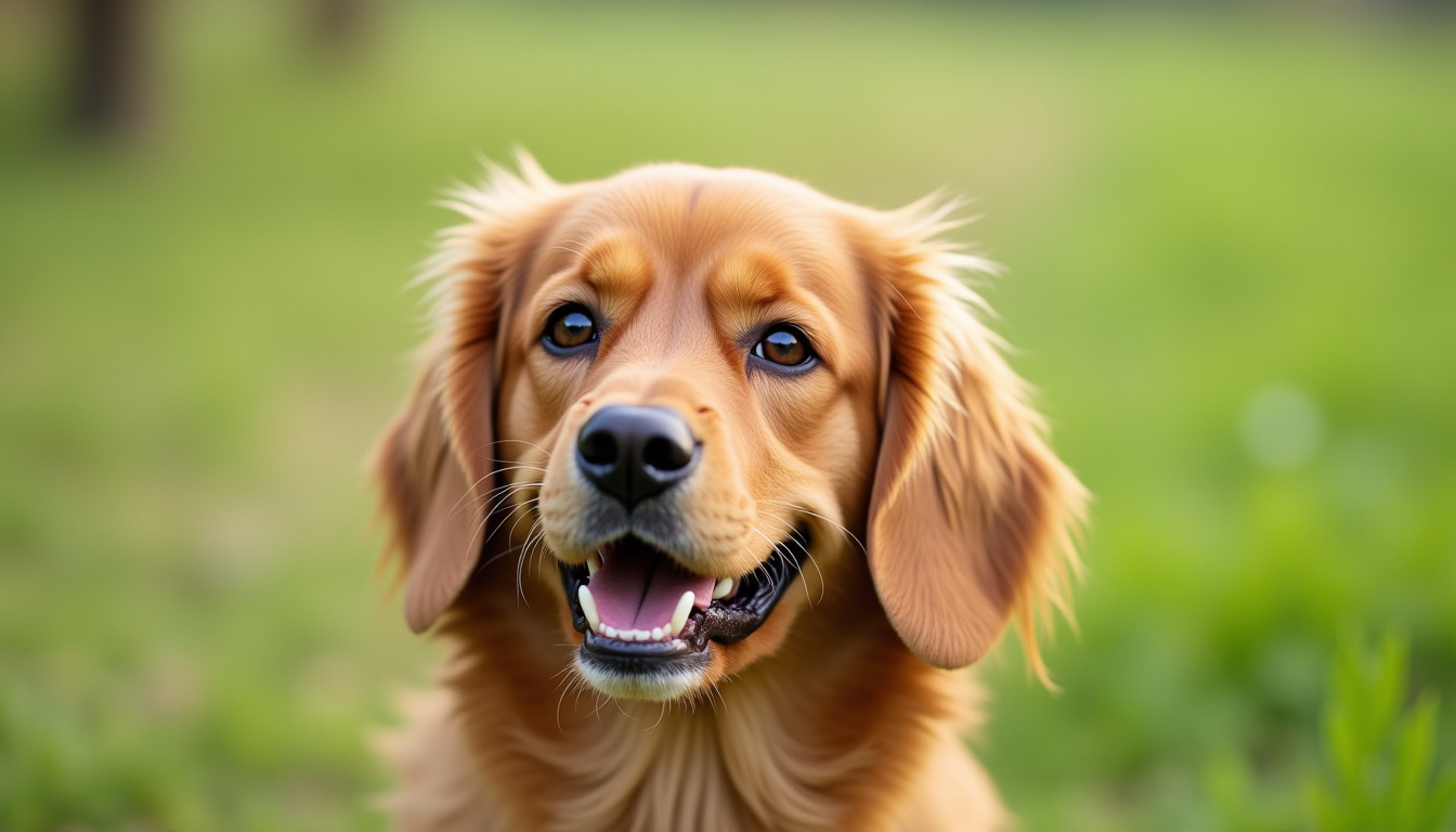 A happy dog with a shiny coat, standing in a grassy field