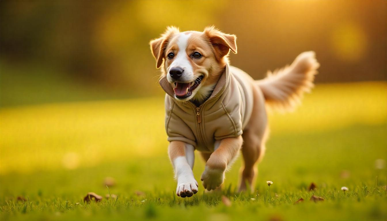 A happy dog with a thick, double-layered coat playing in a sunny meadow