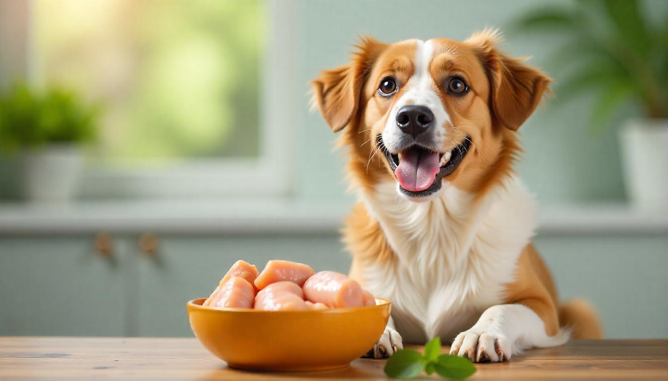 A happy, energetic dog sitting next to a bowl of raw chicken pieces