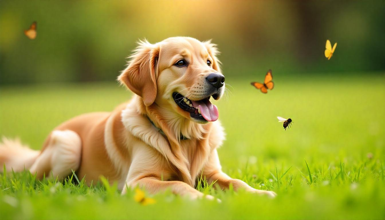 A happy golden retriever lying in a grassy field