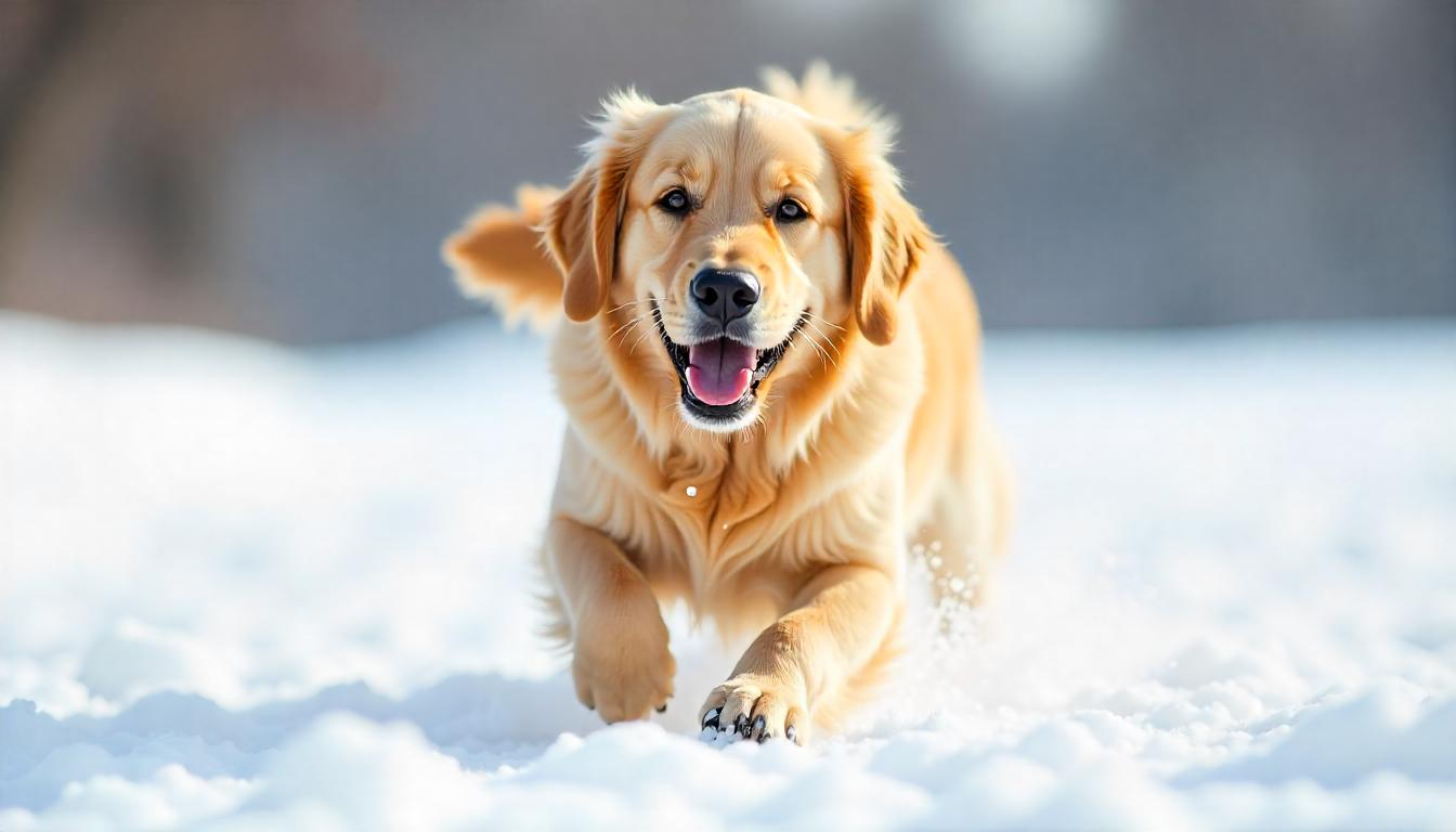 A happy golden retriever playing in a snowy field