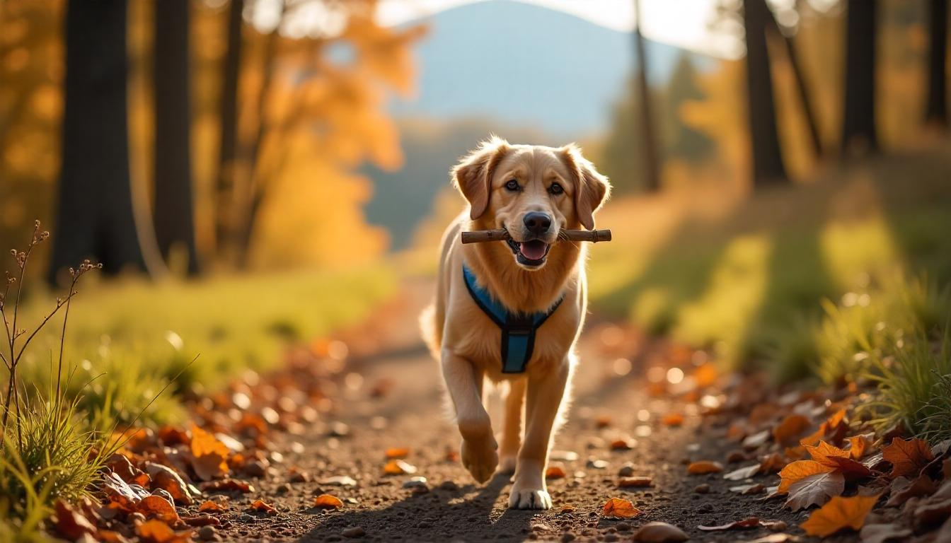 A happy golden retriever walking on a forest trail with autumn leaves