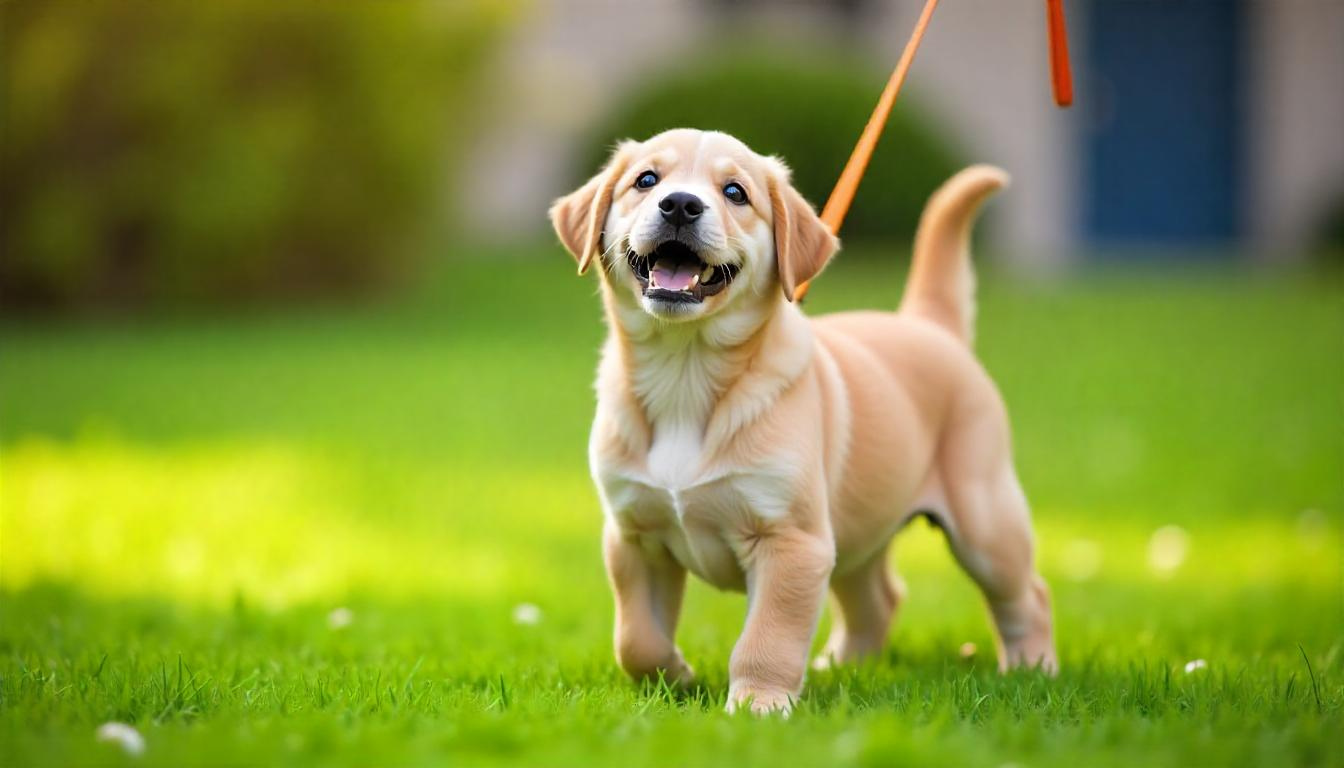 A happy puppy standing on a grassy lawn, looking up with excitement, while its leash