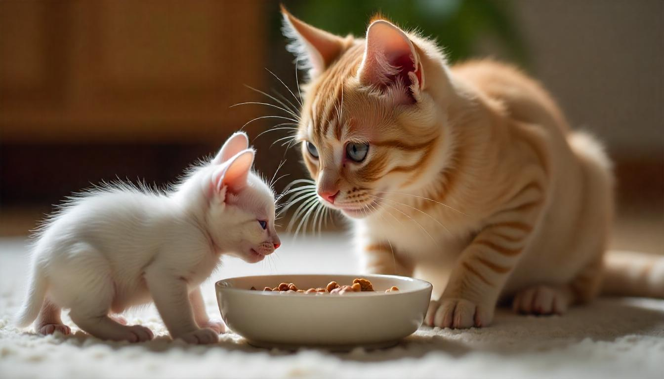 A mother cat gently guiding her kittens toward a shallow dish of kitten food