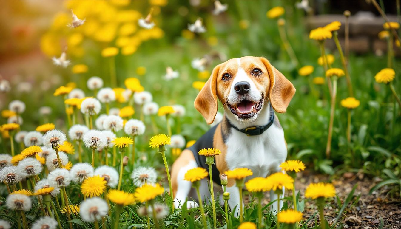 A playful beagle sitting in a garden surrounded by dandelions