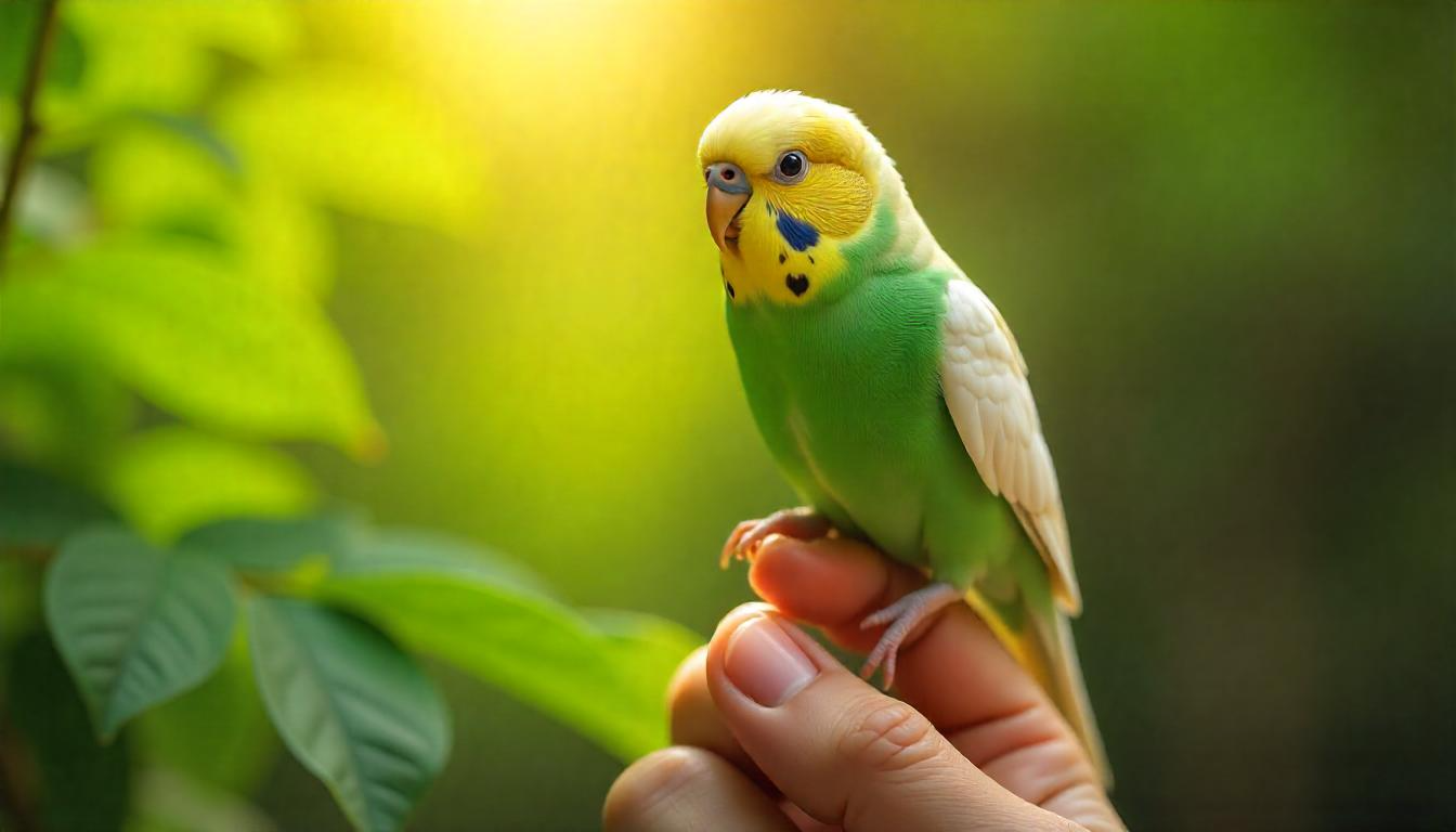 A playful Budgerigar (Budgie) sitting on a person's finger, surrounded by green leaves