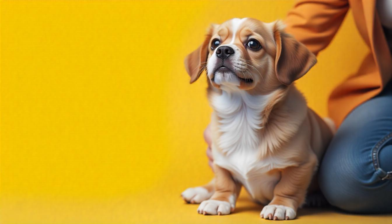 A playful dog sitting by its owner, looking up with an expectant expression