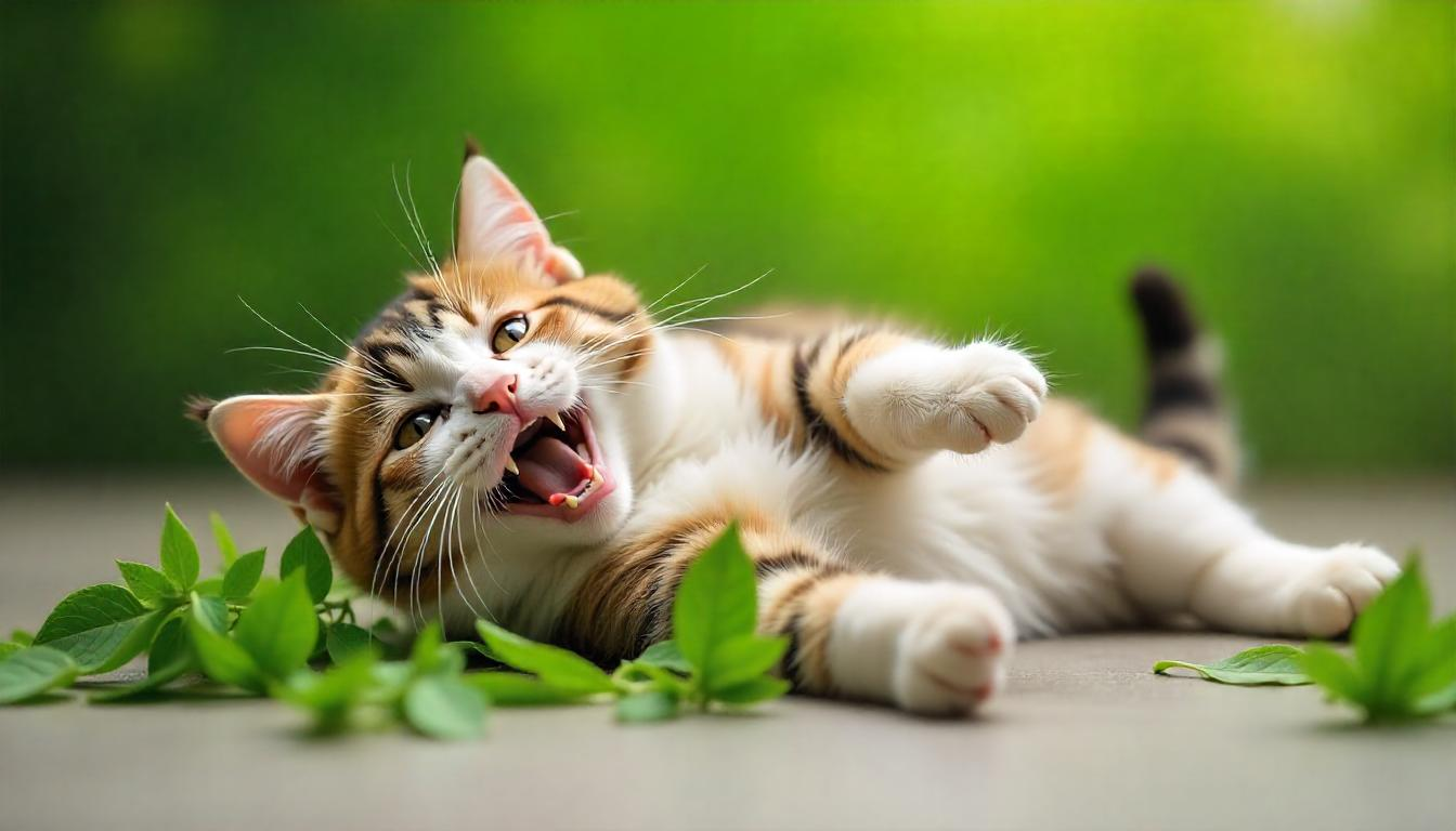 Playful domestic cat rolling on the floor