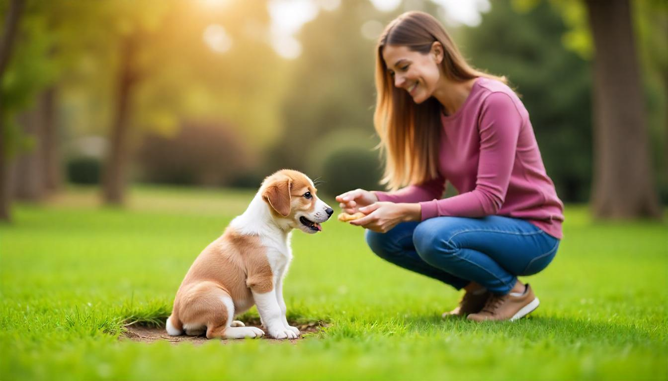 A puppy squatting on a patch of grass in a designated potty area