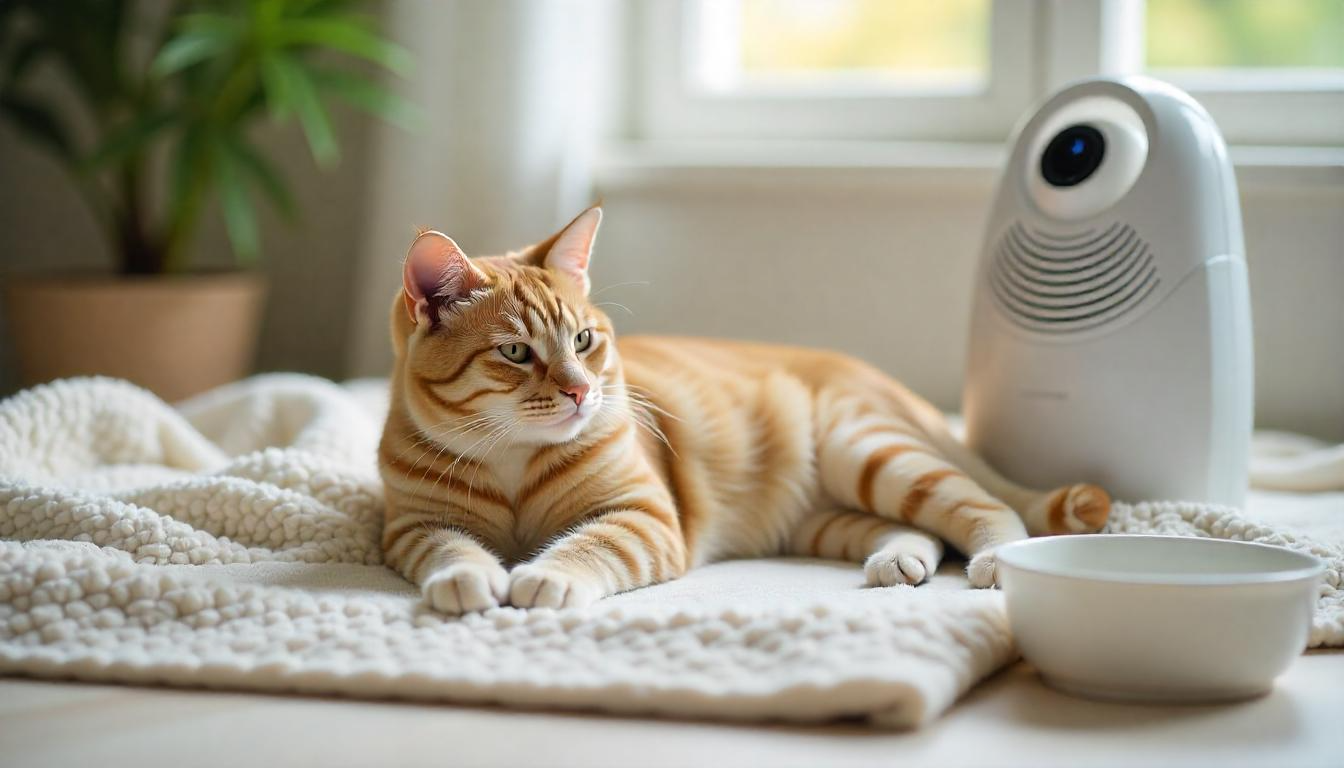 A relaxed cat lying on a cozy blanket, next to an air purifier and a bowl of fresh water