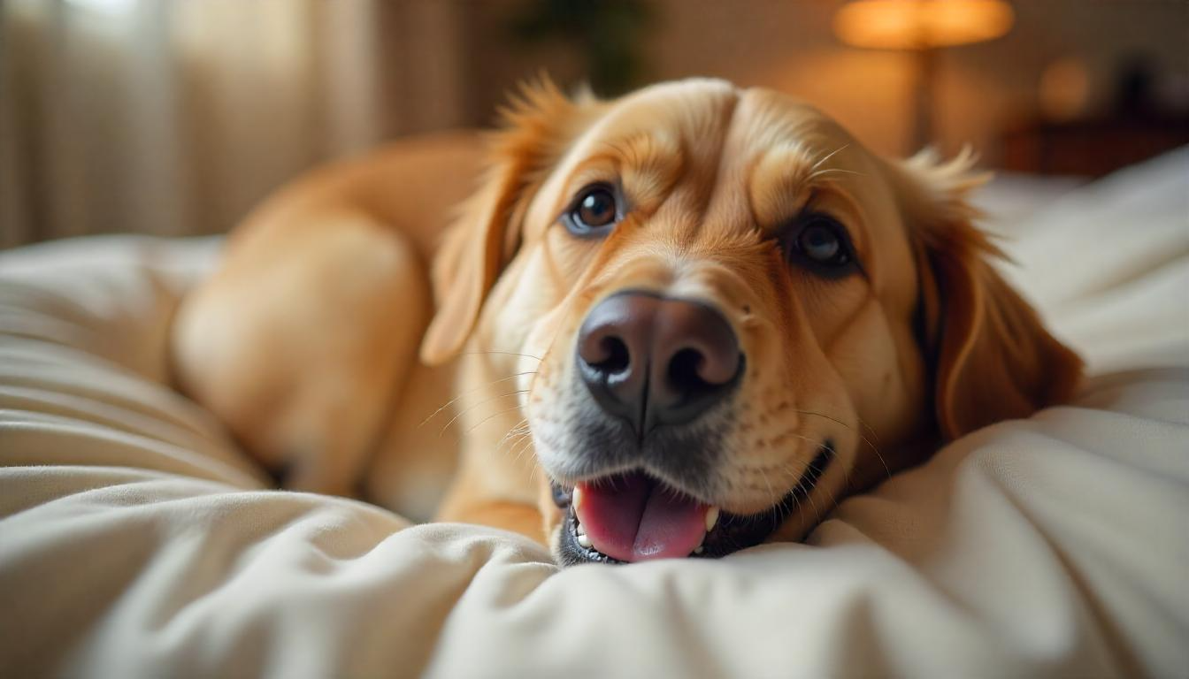 A relaxed dog lying on a cozy bed, letting out a contented sigh