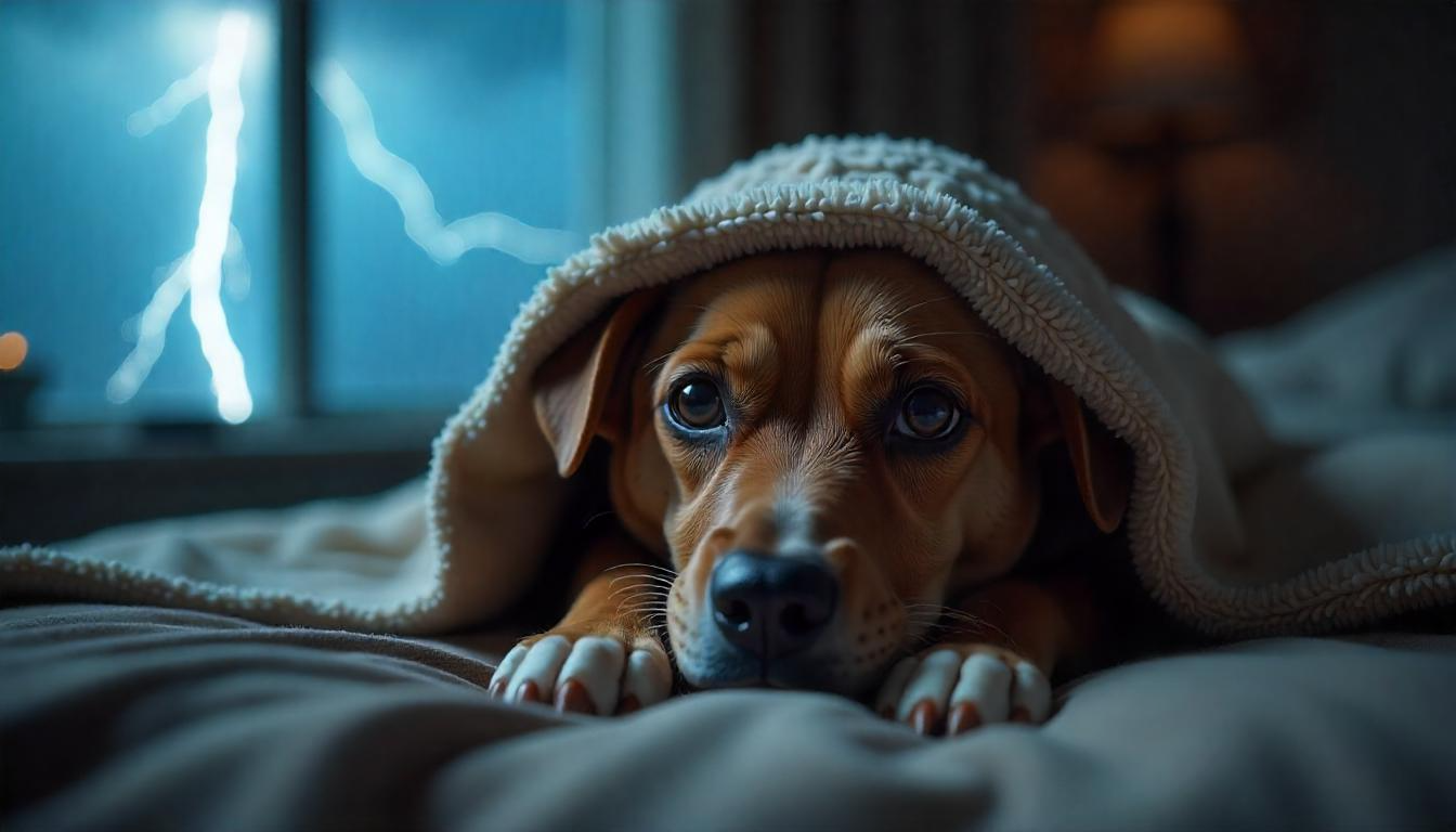 A scared dog hiding under a blanket during a thunderstorm