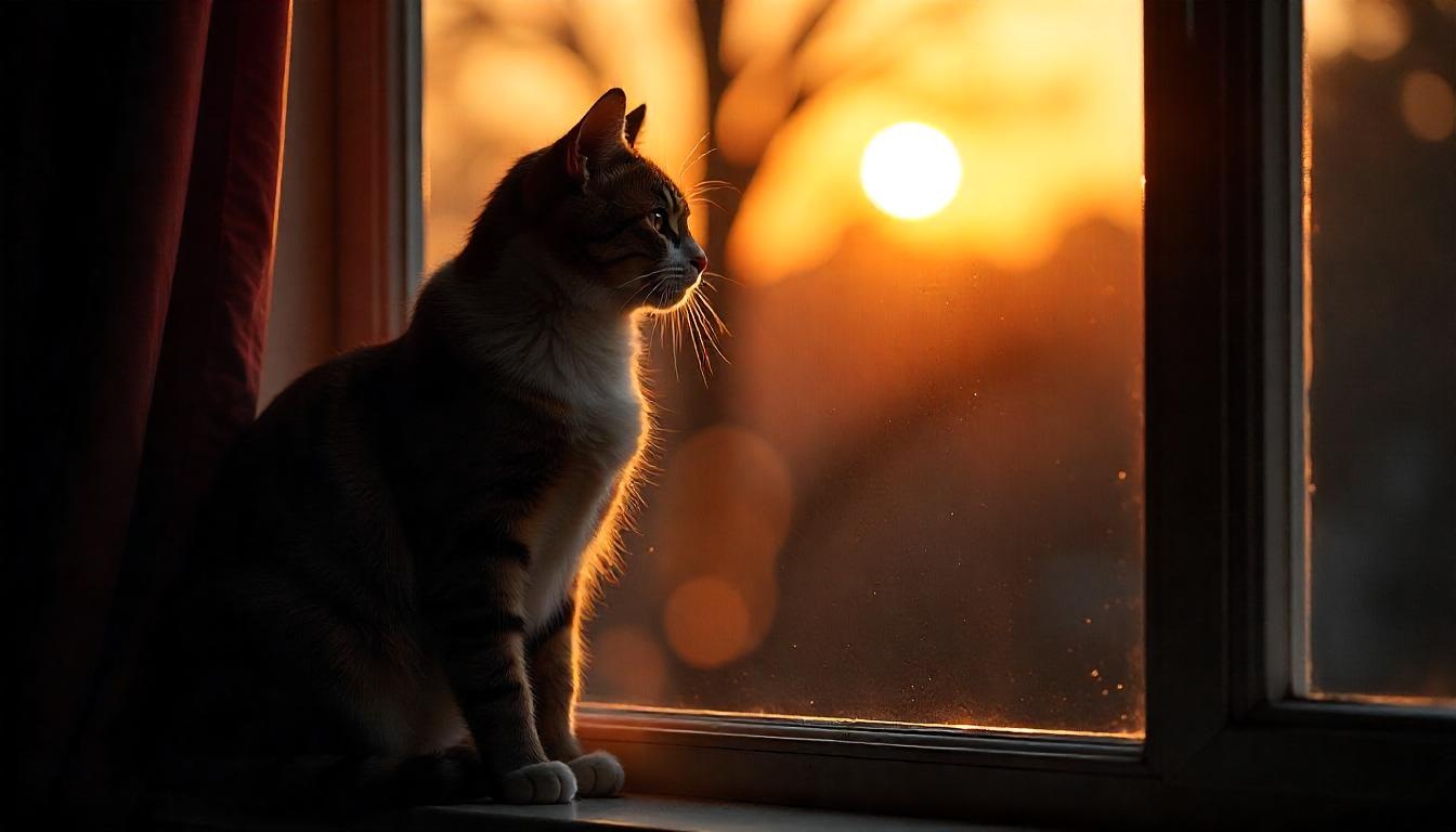 A serene cat sitting on a windowsill at dusk, bathed in soft golden light